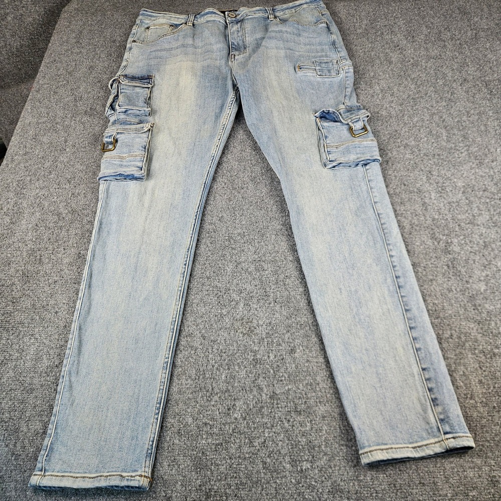 Serenede Mens Light Wash Cargo Denim Jeans Slim Fit Buckle Pockets Size 40